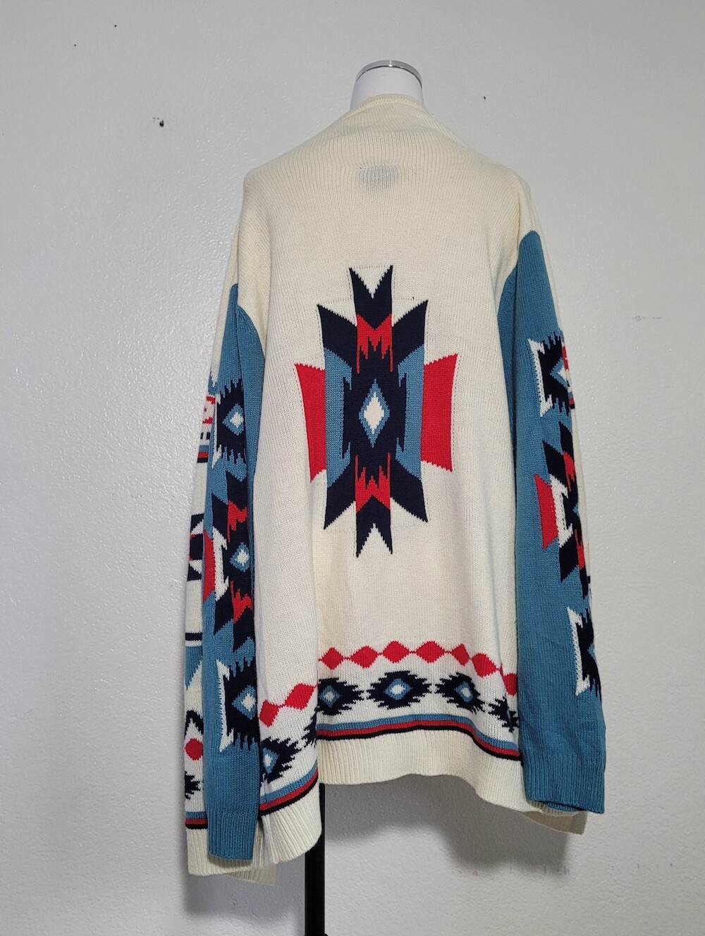 Wrangler Retro Open-Front Aztec Print Cardigan Sweater in Cream Teal Size Large - Picture 7 of 8